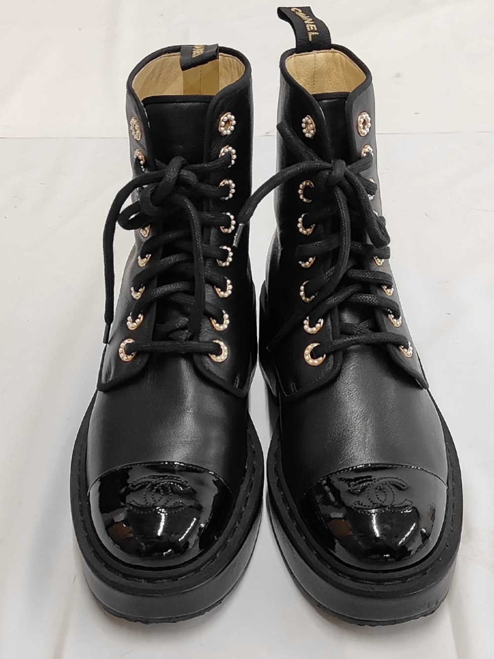 Chanel Black Leather CC Patent Cap Toe Crystal Lace-Up Boots 38.5C